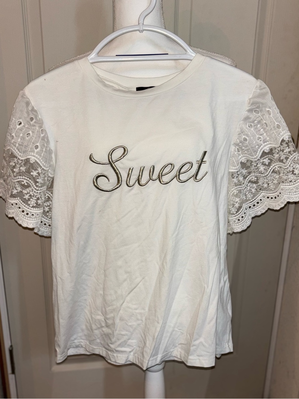 White Short Sleeve Tee with Lace Ruffle Sleeves and Gold 'Sweet' Script